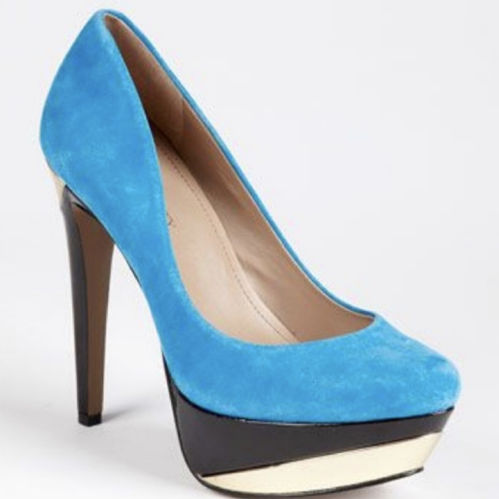 Sole Society Platform Pumps Blue Suede Metallic Gold Colorblock 9.5